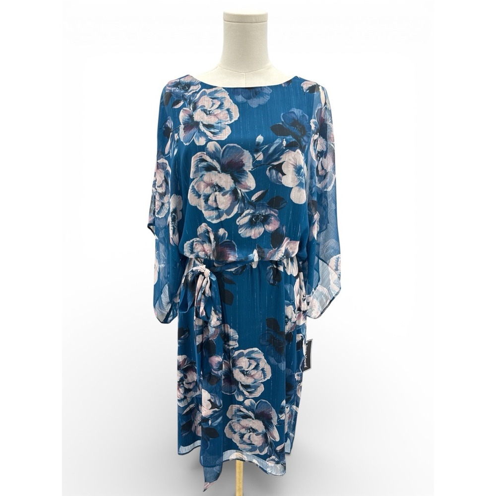 Jessica Howard Size 10 Teal Floral Chiffon Dress Kimono Sleeve Lined NWT Belted